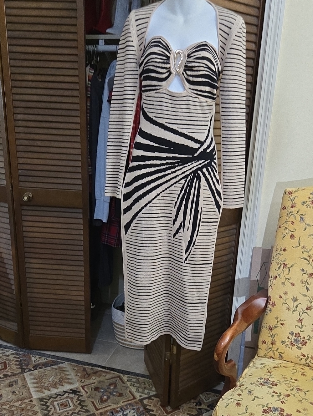 Fashion Nova Beige/Black Striped Knit Midi Dress with Sculpted Bust Detail NEW